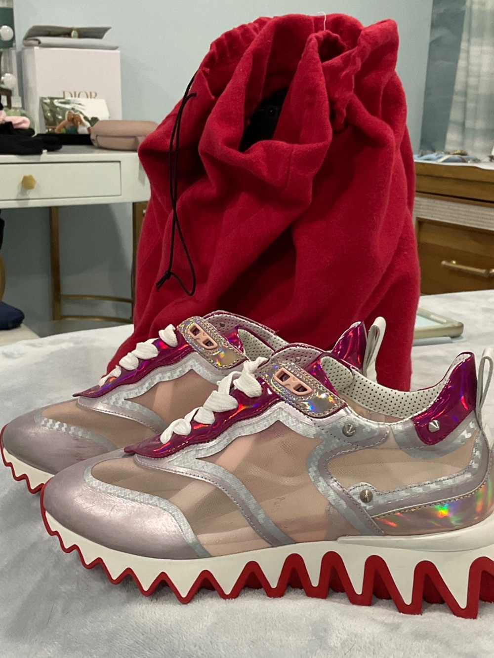 Christian Louboutin Pink Iridescent Mesh Spike-Sole Sneakers 37 1/2